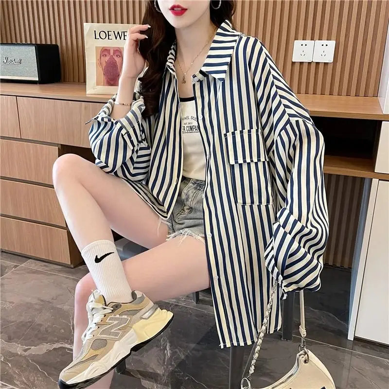 Loose Casual Striped Women\'s 2024 New Spring Autumn Spliced Polo Collar Button Pocket Fashion Loose Long Sleeved Blouses Shirts