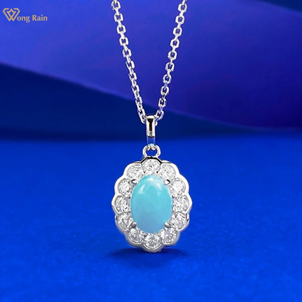 

Wong Rain Solid 925 Sterling Silver 6*9 MM Oval Larimar High Carbon Diamond Gems Vintage Pendant Necklace Fine Jewelry Wholesale