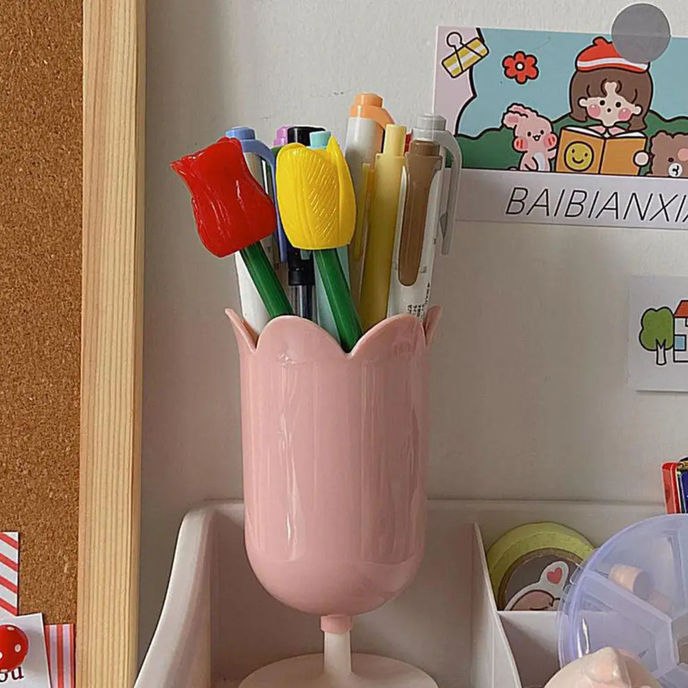Tulip Pen Holder Pink Creative Flower Pencil Holder Makeup Brush Organizer Desk Decoration Room Cute Storage