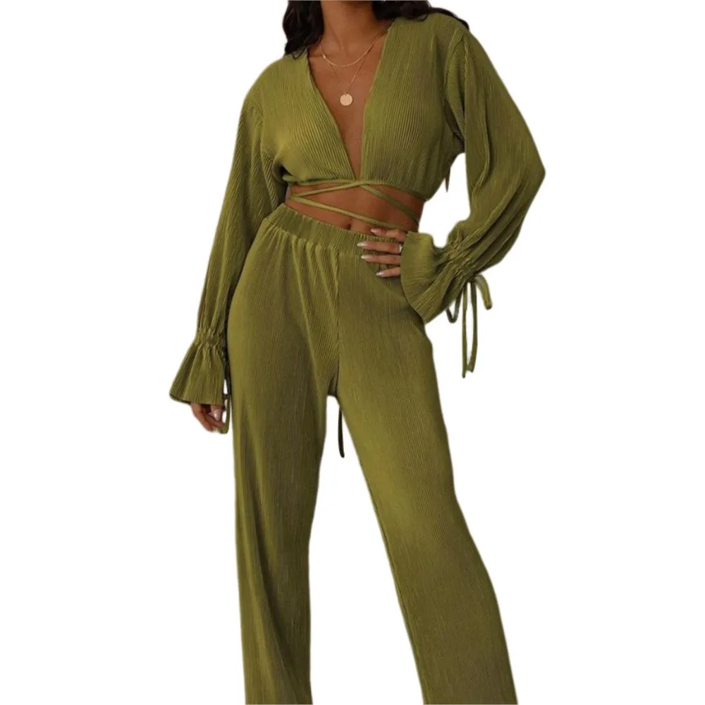 Sexy Pants Set For Women Bandage Deep V Neck Crop Top Long Sleeve Matching Wide Leg Trousers Suit Elegant 2 Pieces Set Traf 2024