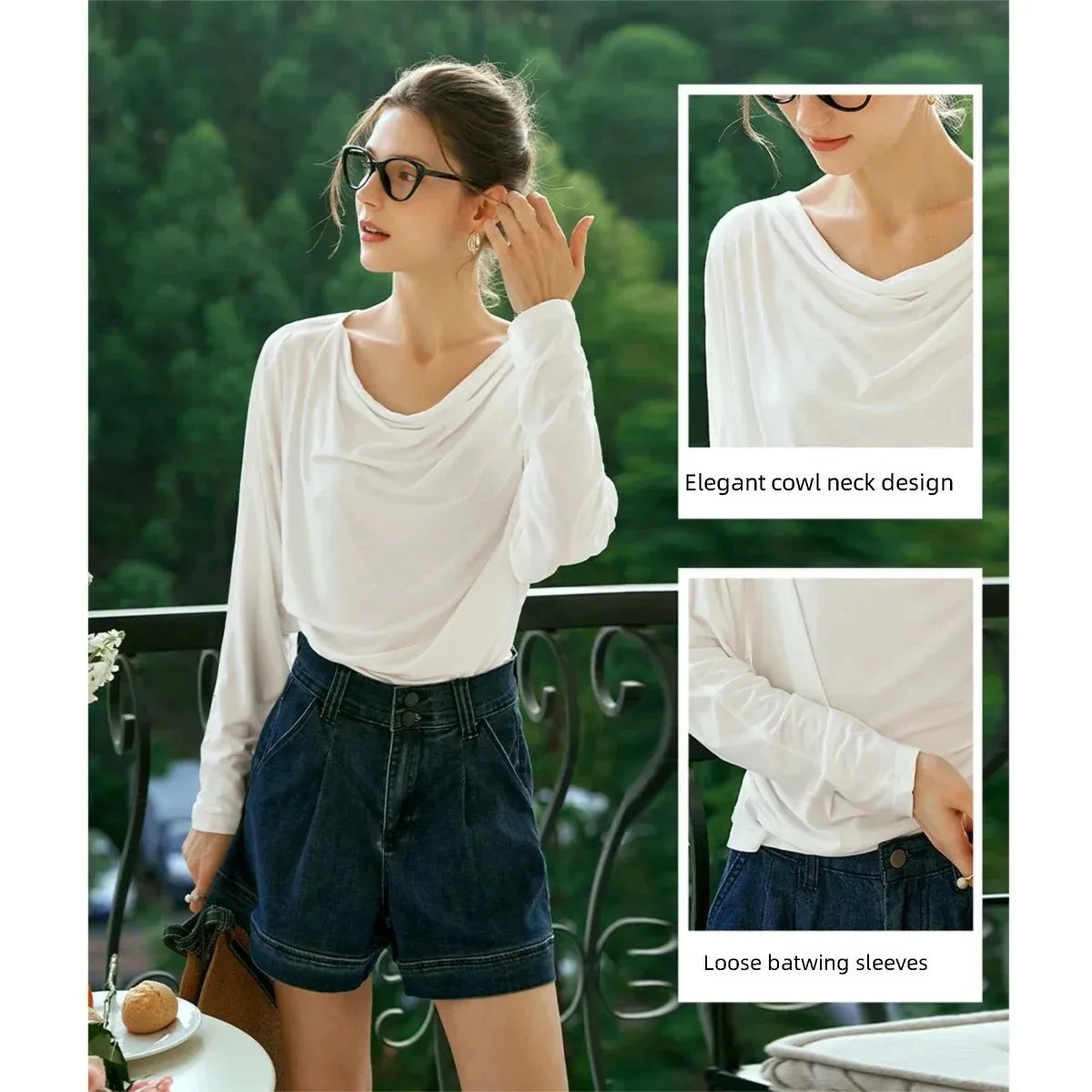 

Женская белая футболка OLrain с длинным рукавом, весна-осень 2026, повседневная свободная футболка с драпированным вырезом для женщин O57QT91812