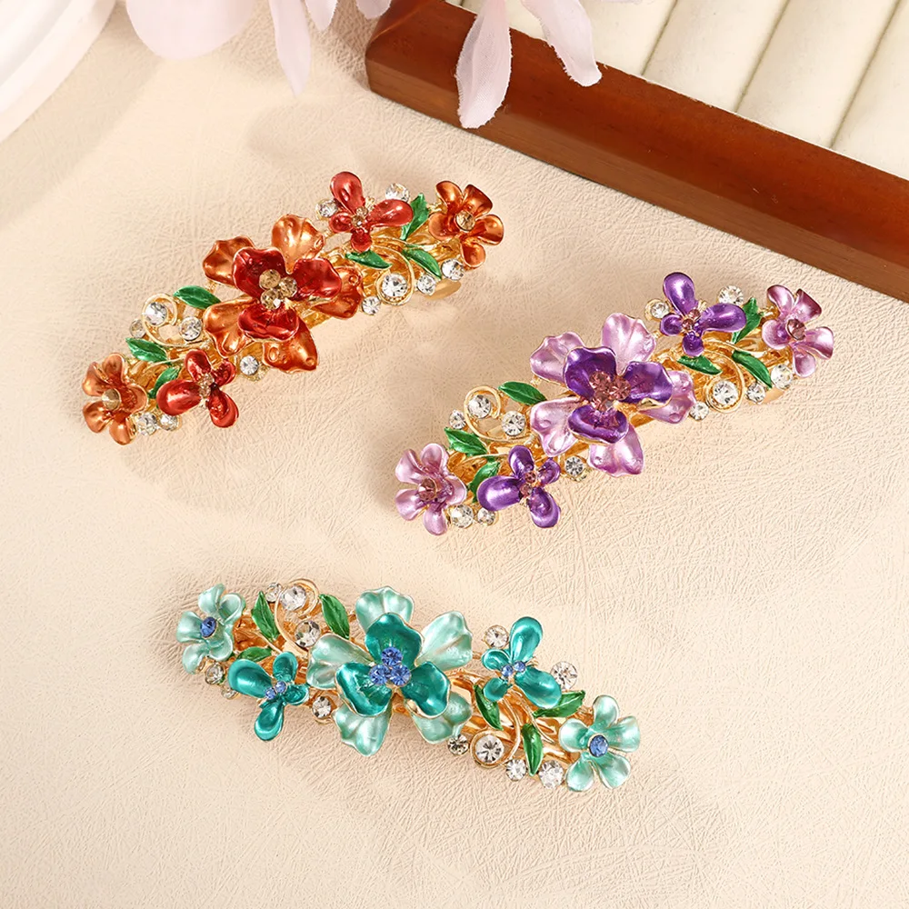 Purple lacquer flower crystal spring hair clip with high-end retro semi tied hair clip for women\'s fashionable hair accessories