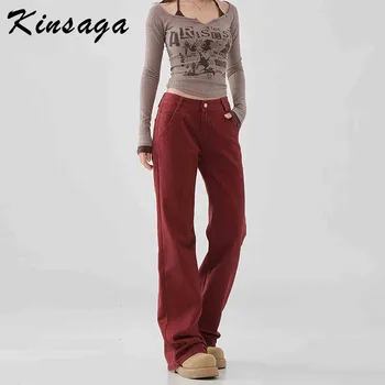 Women Y2k Low Rise Ancla red Floor Length Straight Leg Jeans Brown Extra long Denim Pant Low Waist Casual Baggy Moping Trousers