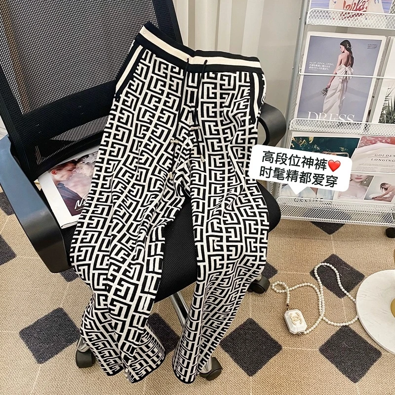 High Waisted Jacquard Knitted Wide Leg Pants Women Chic Vintage Fashion Full-length Trousers Casual Loose Straight Ladies Pants