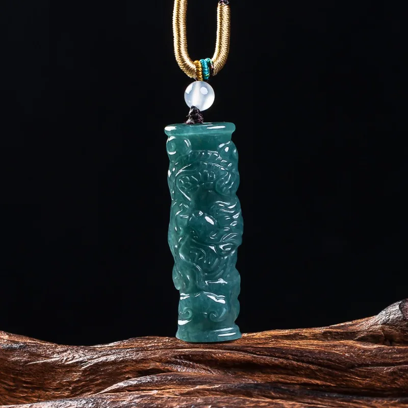 

Blue Water Jade Natural Emerald Zodiac Dragon Pillar Pendant Necklace Carved Charm Jadeite Jewelry Fashion Gifts Certificate