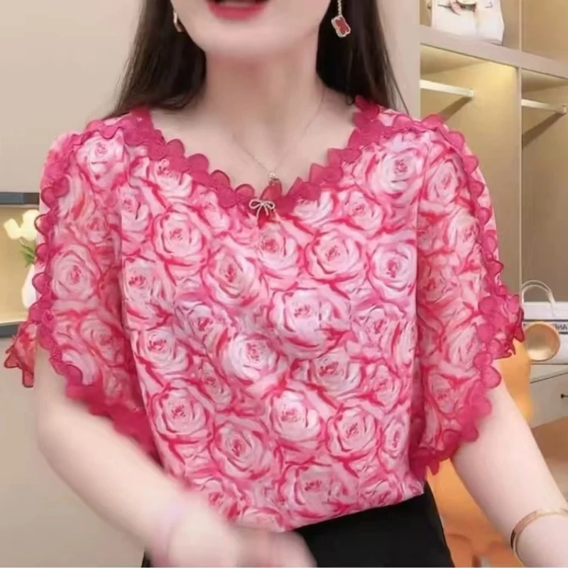 

Женская одежда, шифоновая свободная элегантная рубашка, топы с коротким рукавом и принтом, лоскутная универсальная винтажная блузка, летняя повседневная мода