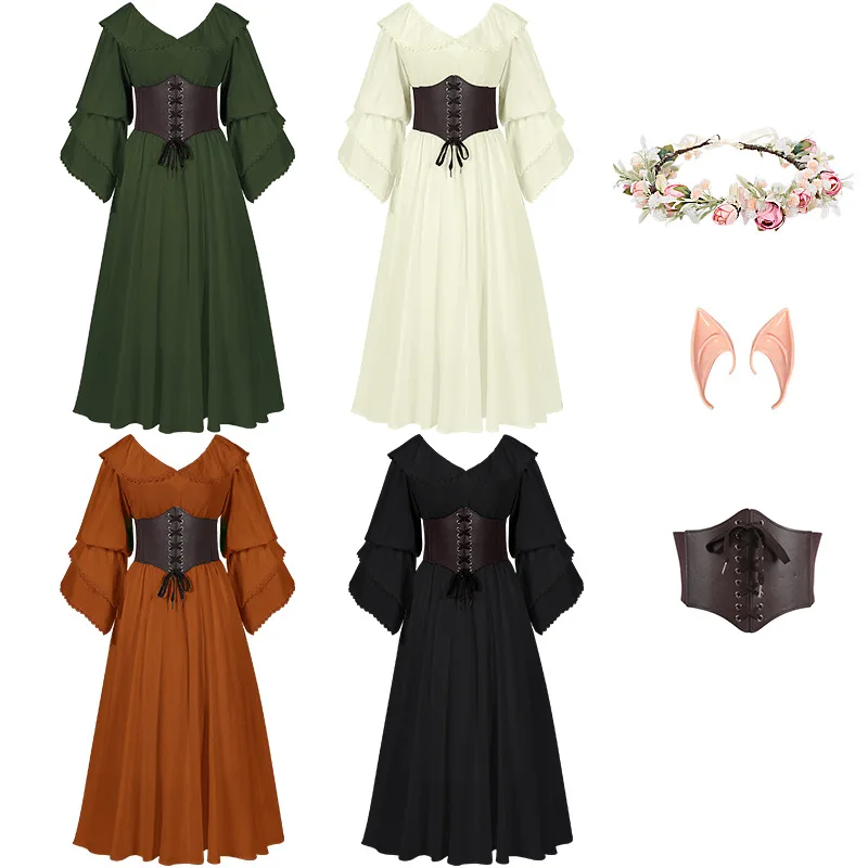 

Medieval Retro Color-blocking Corset Dress With Puffed Sleeves Flared Skirt And Ruffled Collar Women's Cosplay Dress
