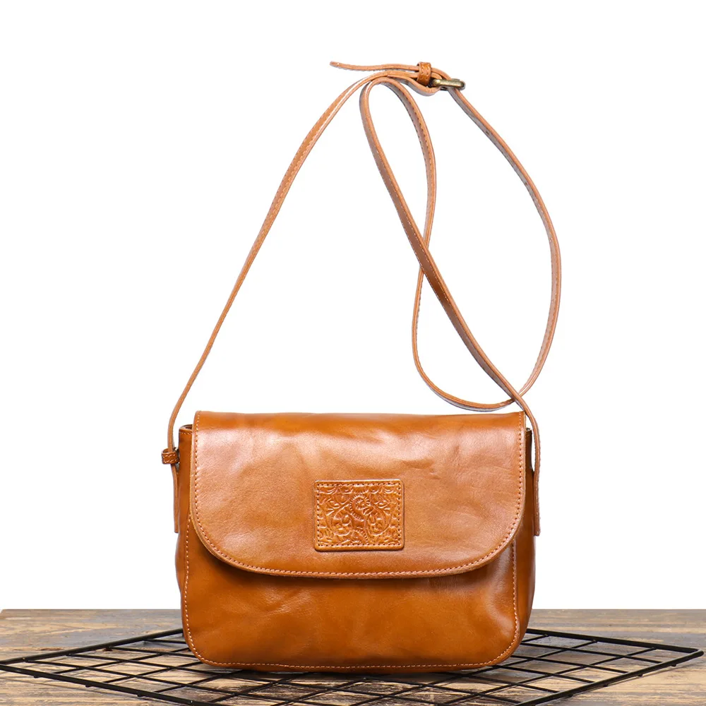 

LJ-23037 Vegetable Tanned Women's Genuine Leather Shoulder Bag, Top Layer Cowhide Retro Small Square Bag