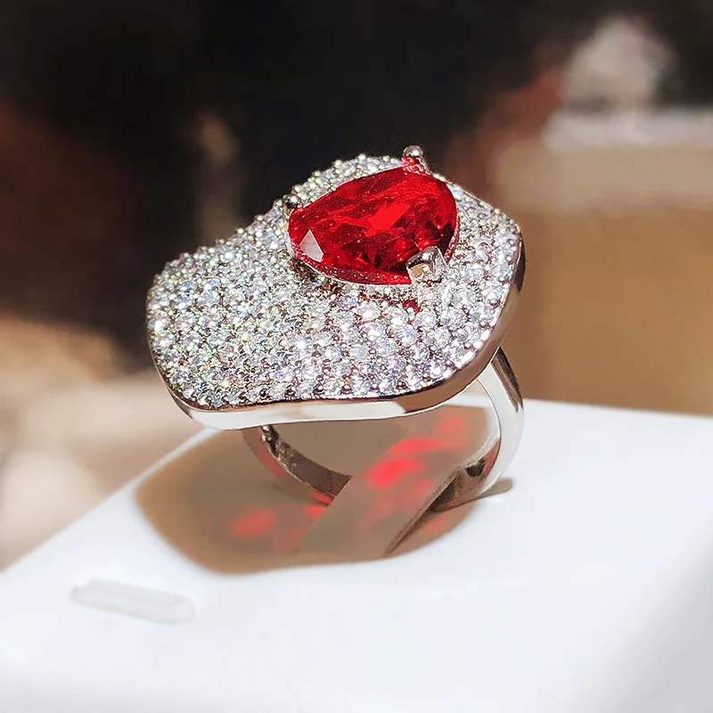 Brilliant Red Heart Zirconia Ring Open Luxury Women\'s Jewelry Premium All-match Temperament Banquet Jewelry S925 Silver