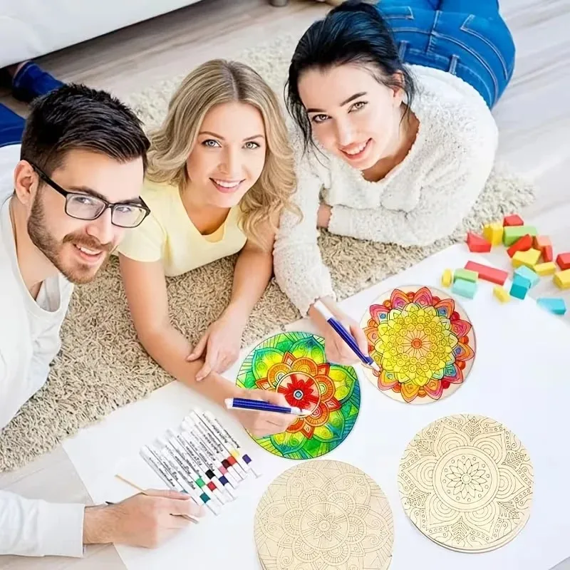 10pcs wooden diy hand painting mandala coaster painting kit unfinished wooden chips by hand wooden mandala coaster painting kit - view 6