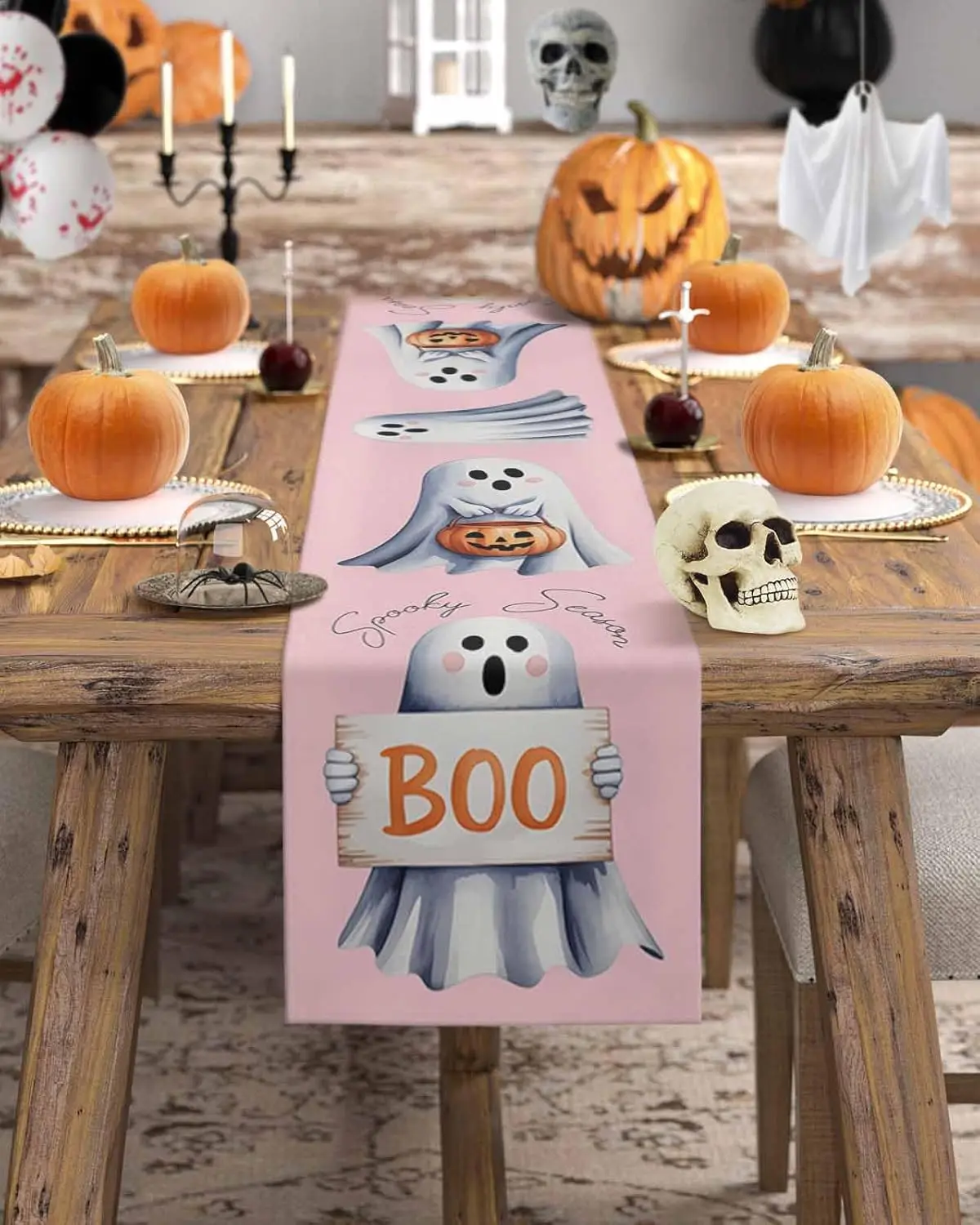 Halloween Ghost Linen Table Runner Home Decor Reusable Halloween Pink Boo Spooky Kitchen Dining Table Runners Halloween Decor
