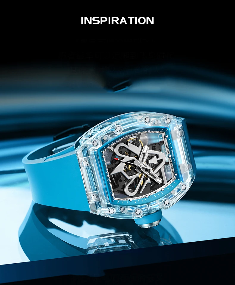 CRONUSART Orologio automatico da uomo 50mm Orologio da polso meccanico Tonneau di lusso Cassa in zaffiro Cinturino in gomma fluorurata luminoso Quadrante scheletrato