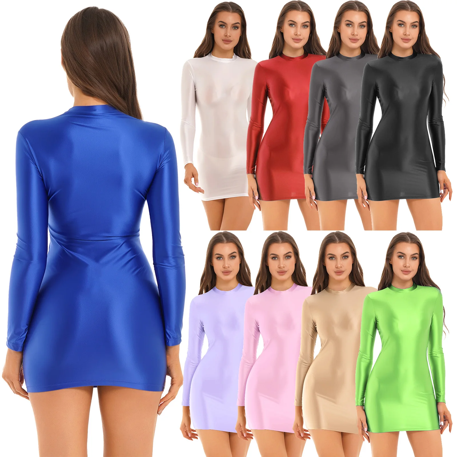 Women Sexy Oil Glossy Micro Mini Dress Tight Party Dress Pencil Bodycon Dress Club Outfit Nightwear Pole Dancing Costume