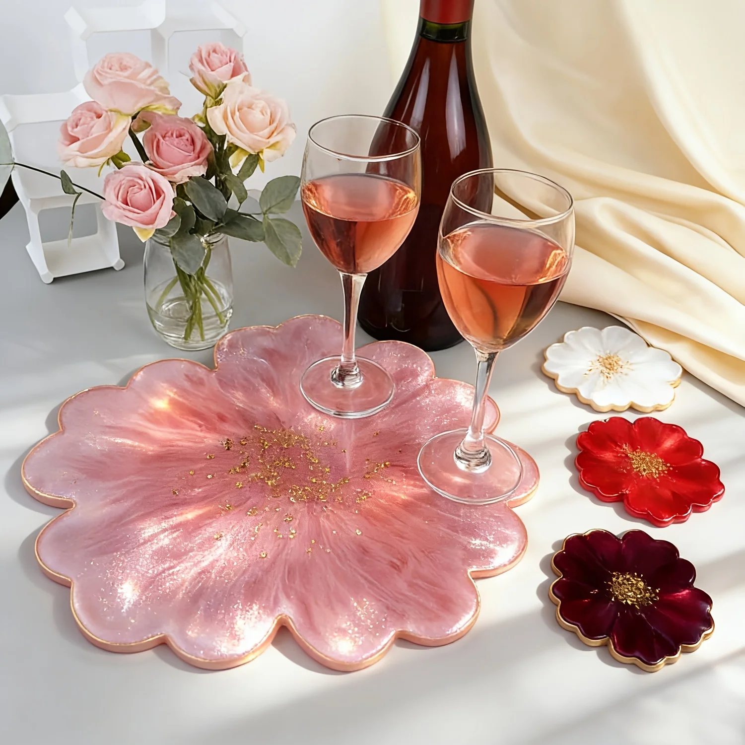 Large Floral Coaster Resin Molds, 1 Large Piece +4 Small Silicone Flower-Shaped Coaster Molds, DIY Resin Coasters, Home Decor