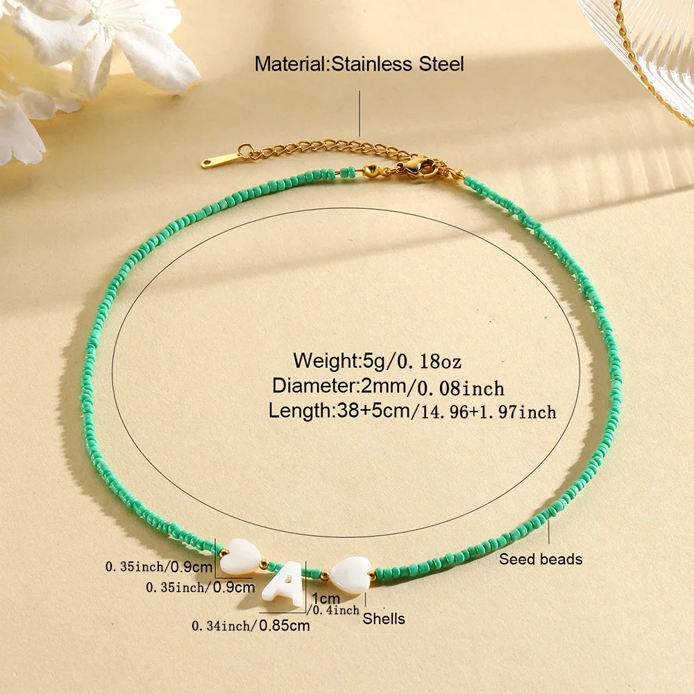 26PCS Bohemian Style Choker Neck Women Necklace Beike Initial Letter green Rice Bead Necklaces Women's Jewelry Birthday Gifts