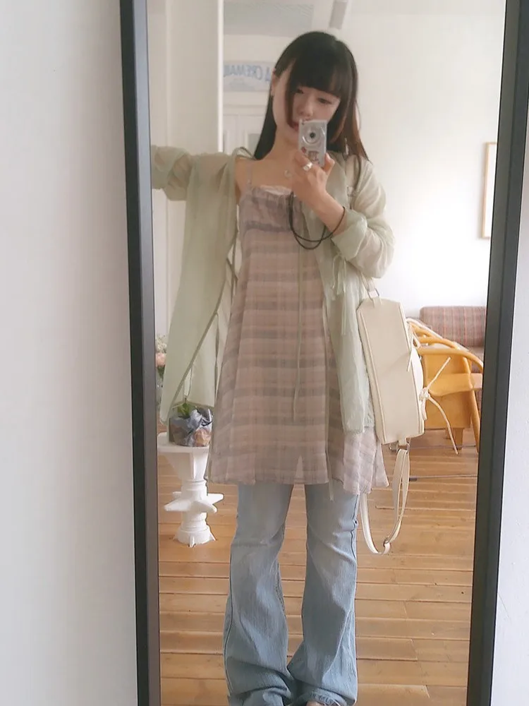 Fre Plaid Women's Summer 2025 New Small Size Inner Ele Sa Chiffon ter Dr Trendy Korean Sle High Waist Midi Skirt