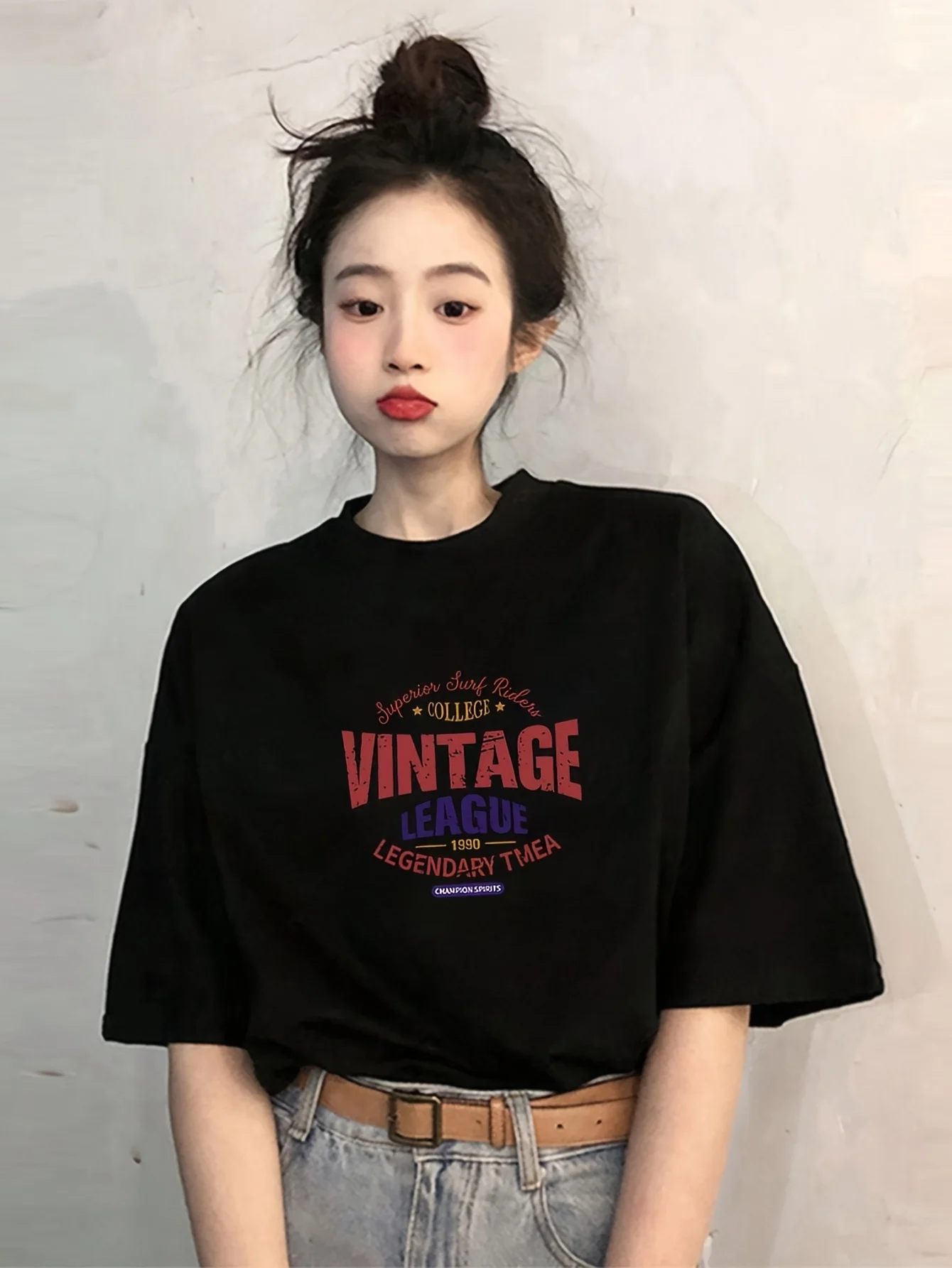 Vintage League Letter Print Womens T-Shirts Summer Fashion Cotton Tops Comfortable O-Neck Short Sleeve Soft Oversize Clothes