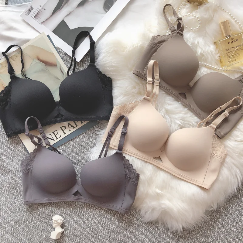 Thin Cup Light Wood Cotton Lace Push up Women's Underwear Small Chest Comfortable Wireless Traceless Ventilation Bra