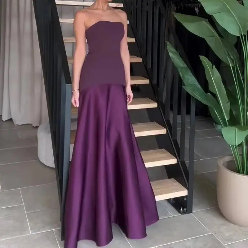 Women Patchwork Slim Evening Chic Thin Satin Big Hem Backless Sleeveless Party Gowns Elegant Dress