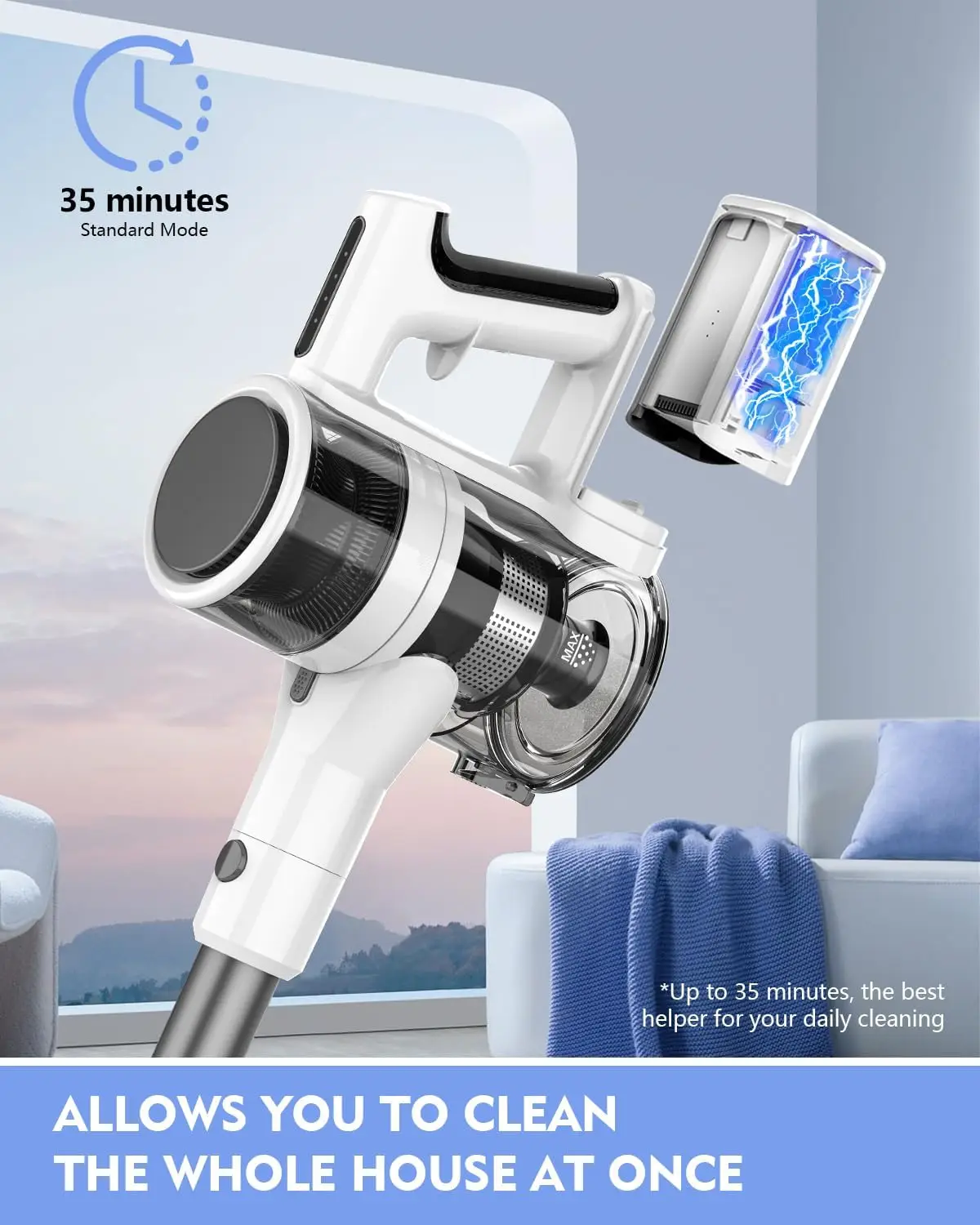 Vacuum Cleaner, 80,000 RPM Motor and Power Filtration, Stick Vacuum with 2200 mAh Battery, 35 Mins Worktime, 2 Modes, R