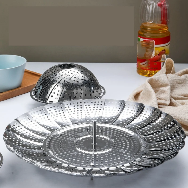 BEAU-Folding Dish Steam Stainless Steel Food Basket Mesh Vegetable Vapor Cooker Steamer Expandable Kitchen Tool Steamer