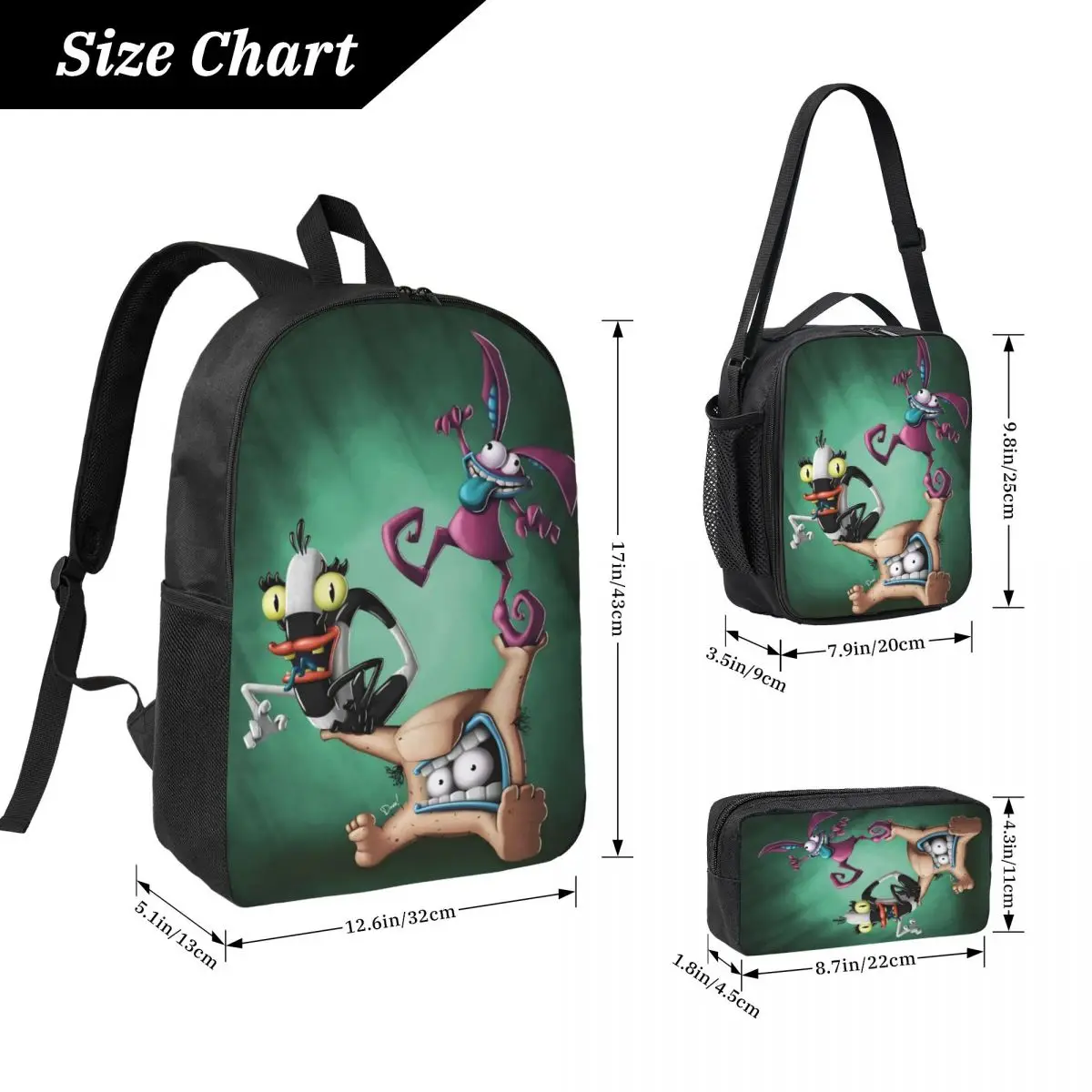 3Pcs Aaahh Real M-Monsters Backpack Set for Girls Boys Pencil Boxes Bookbag Sets with Lunch Box For School Students Knapsack