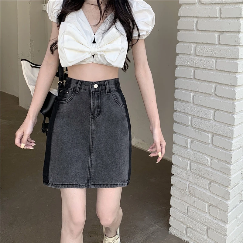 Splicing collision denim half-body skirt female 2024 new versatile fat mm large size thin high-waisted retro a word short skirt