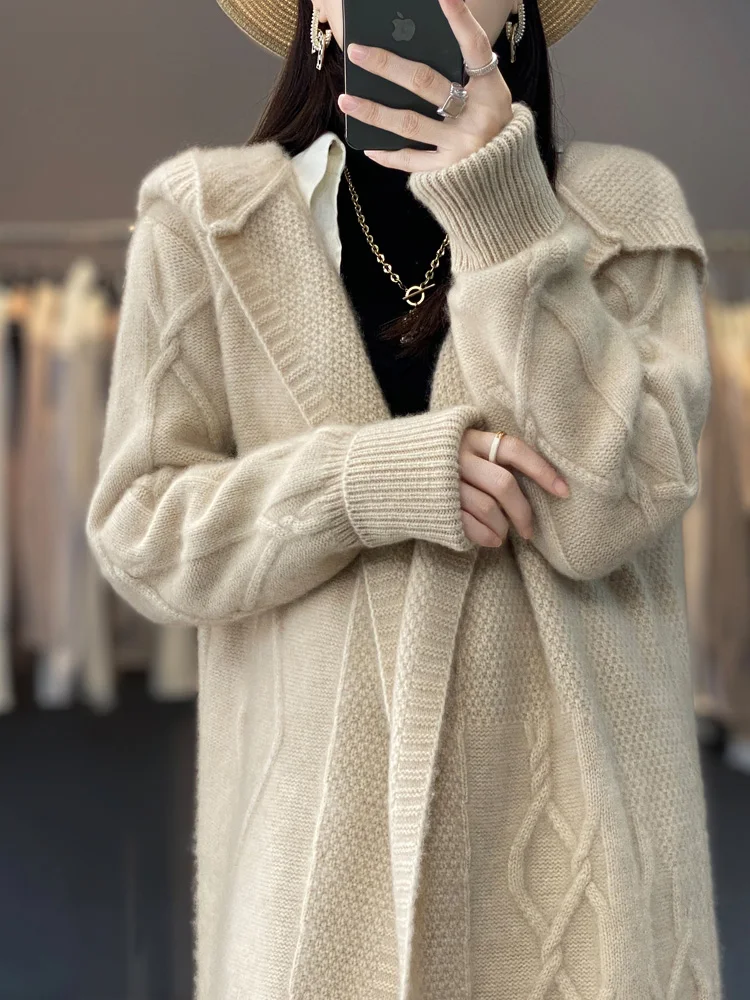 Autumn Winter 100% Merino Wool Women's Cardigan Long Sleeve Sweater Coat Loose Warm Cashmere Knitwear Fashion Female Long Coat