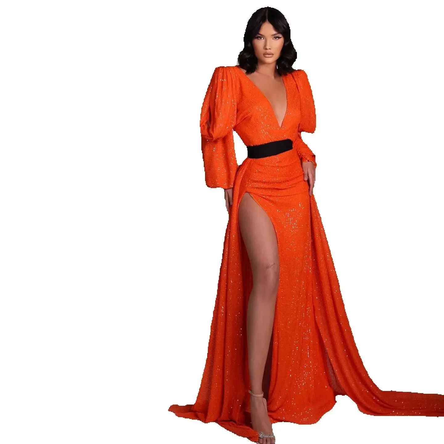 

Orange Sequin Evening Dresses Long Sleeves V Neck Prom Gowns Side Slit Customized Asoebi Party Vestido De Novia
