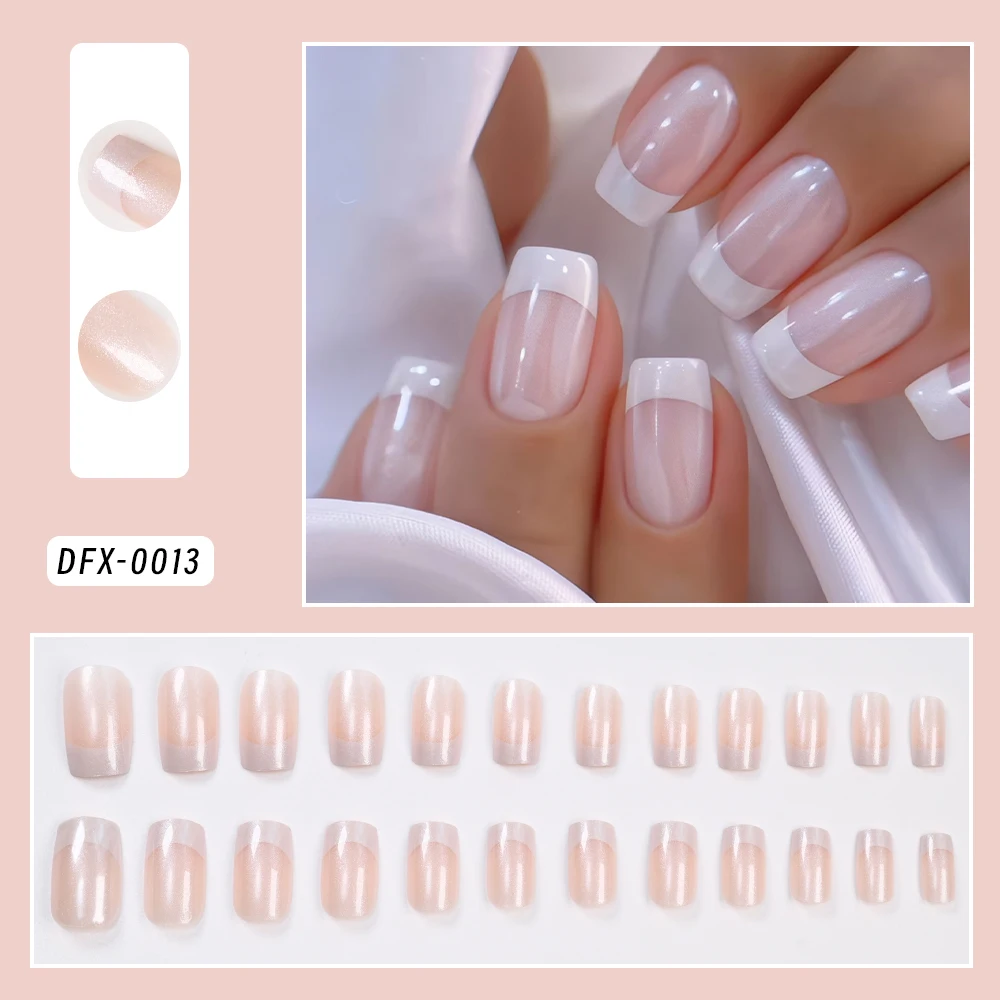 24 قطعة بريق ناعم قصير مربع الضغط على الأظافر عارية الفرنسية الأظافر وهمية مع نصائح لامعة قابلة لإعادة الاستخدام مجموعة الأظافر الاصطناعية كاذبة #1