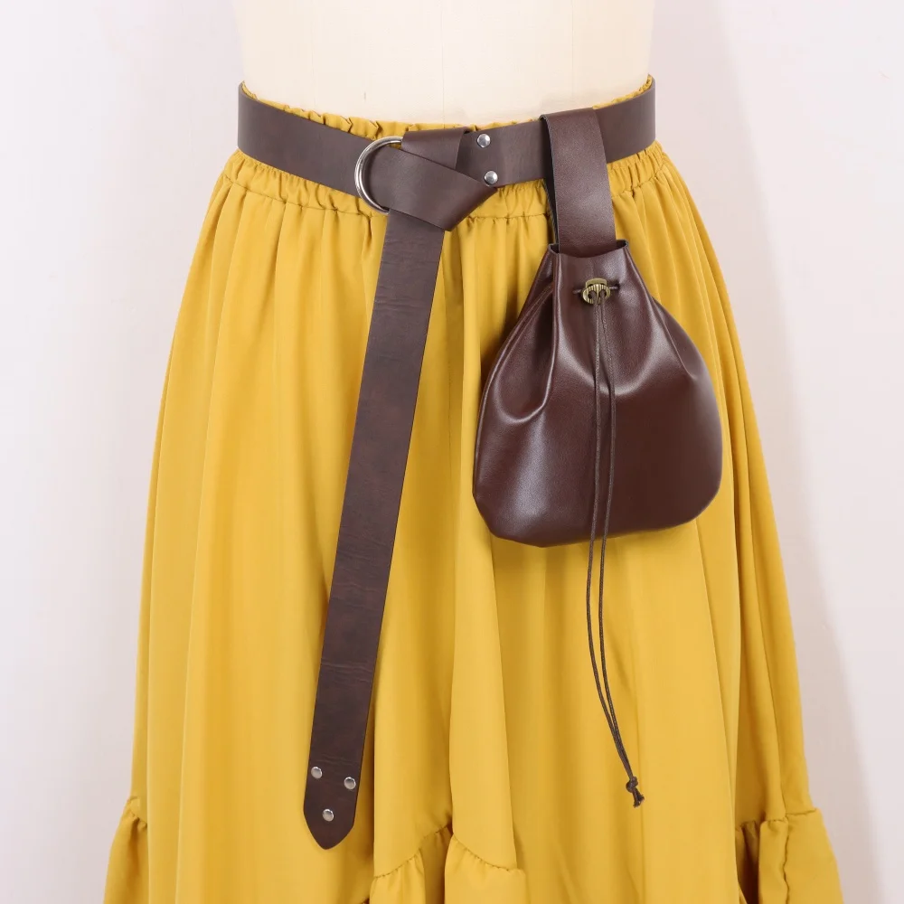 Vintage Medieval PU Leather Belt with Drawstring Pouch Renaissance Long Tail Waist Belt Hanging Bag Pirate Witch LARP Cosplay Ha