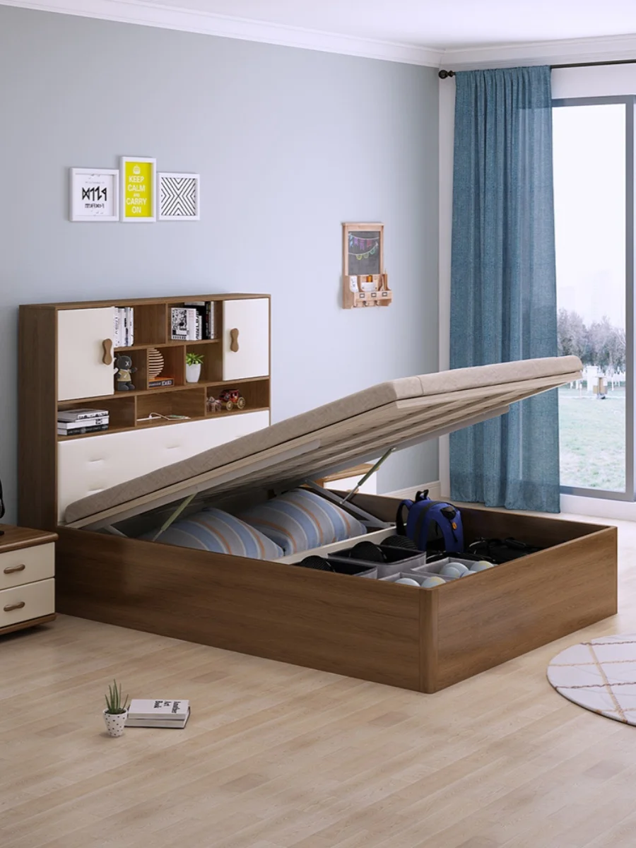 1 Nordic white wax wood bed, bookshelf, storage , storage be, adult high box 1.2/1.5/1.8 meter large