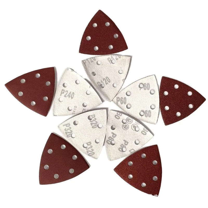 92mm Triangular Hook & Loop Sandpaper 6 Holes Red Abrasive Discs Dry Sanding Pads for Grinding and Polishing