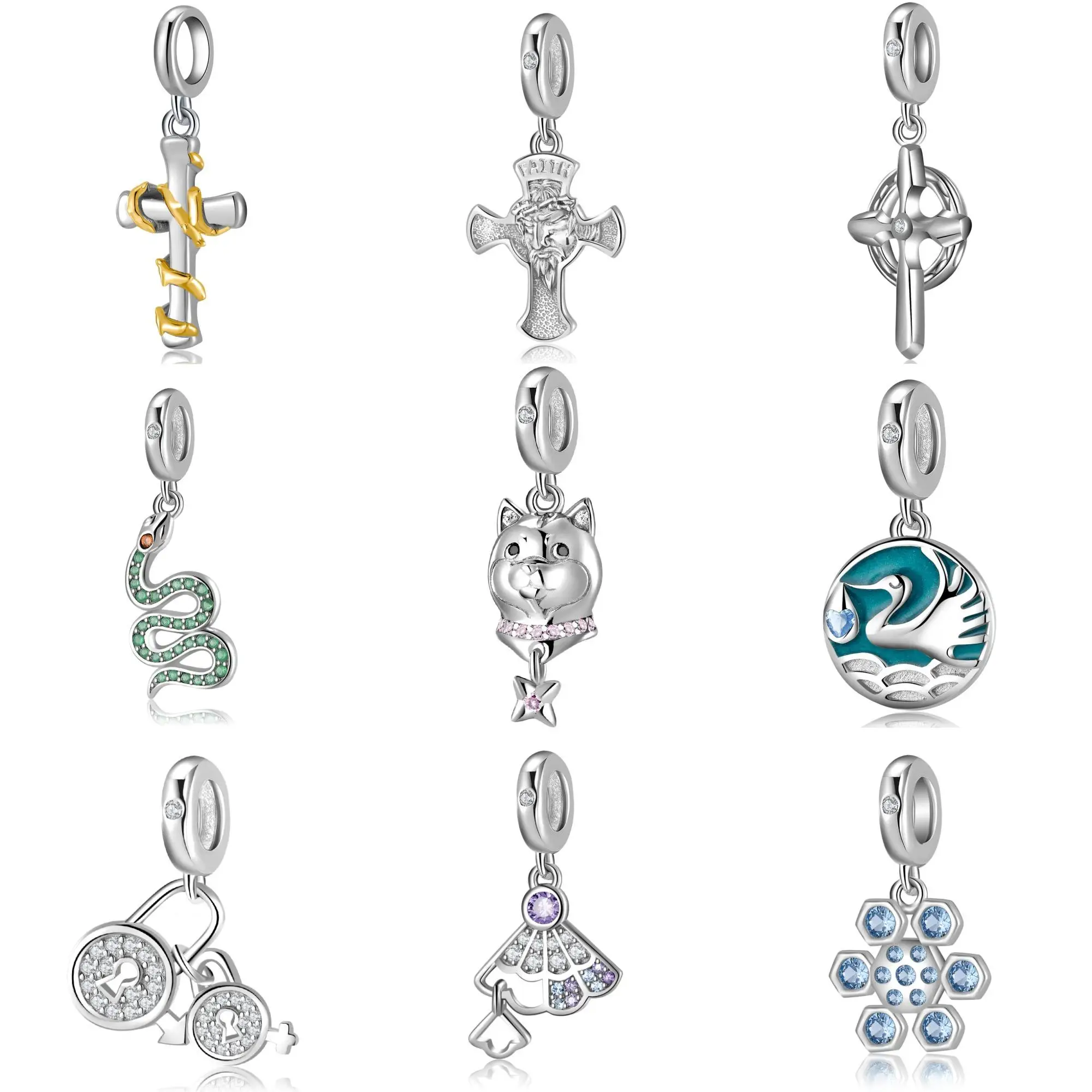

Silver Plated Cross Dog Snake Crane Purple Zircon Beads Family Pendant Charms for Women Bracelet and Necklace Diy Fine Jewelry
