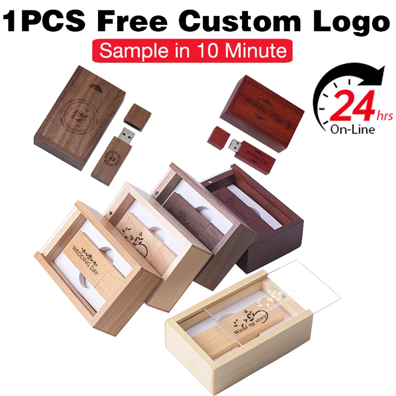 Free Custom Logo USB Flash Drive 128GB 64GB Wooden Box Memory Stick 32GB Red Wooden Pen Drive 16GB 8GB Laser Engraving USB Stick