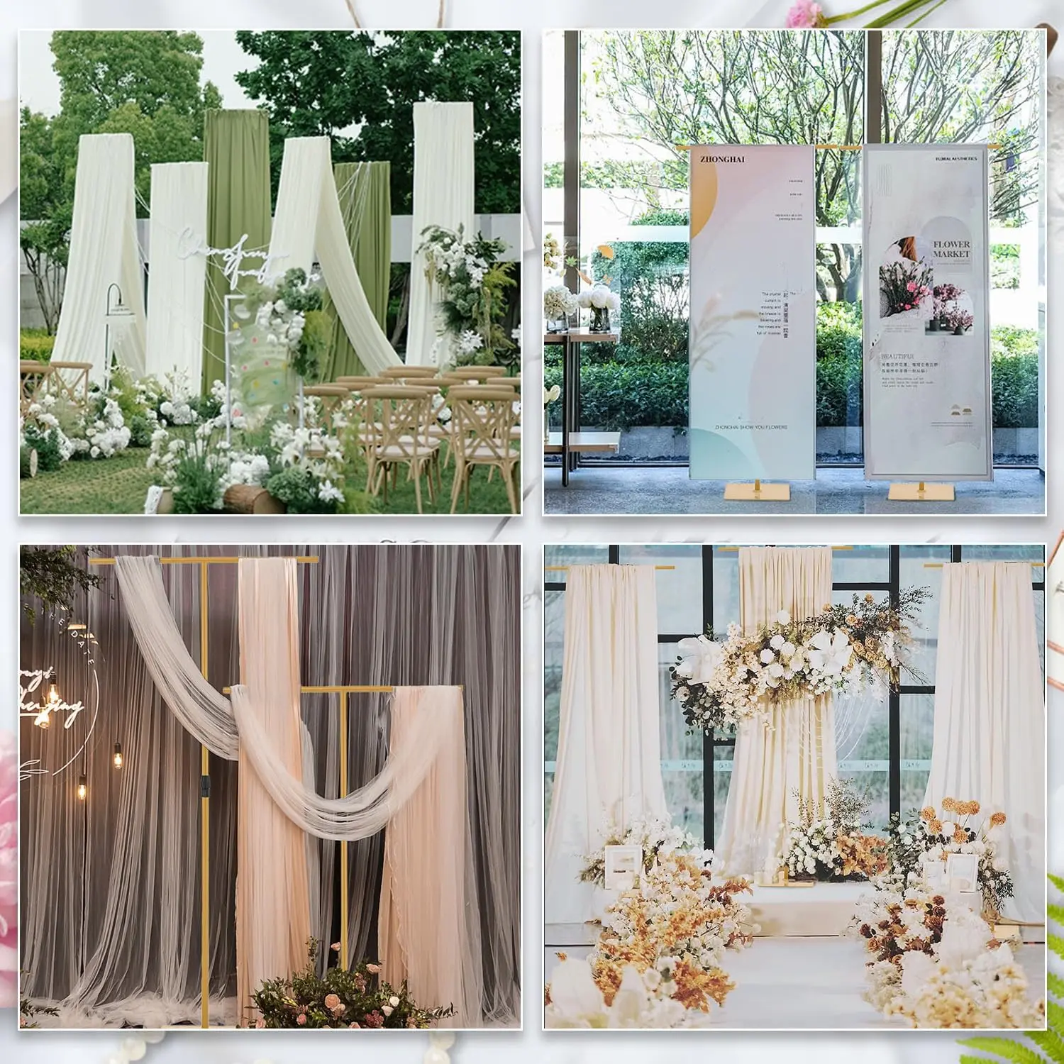 4PCS 8FT Wedding Fabric Draping and Adjustable Height Metal Backdrop Stand for Banner Sign Perfect for Party Birthday Event