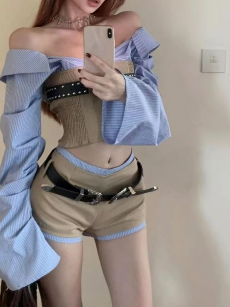 

Сексуальный модный повседневный облегающий комплект из 2 предметов для женщин: топ с открытыми плечами в полоску с длинными рукавами + мини-шорты, японский винтажный стиль