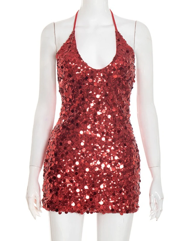 FDYOUI-vestido Sexy de noche con lentejuelas y cuello Halter para mujer, vestidos de fiesta brillantes sin mangas y espalda descubierta, vestidos de boda negros y rojos