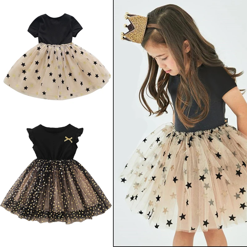 2024Girls Summer New Little Flying Sleeve Dress Children\'s Cute Splice Mesh Ponchy Skirt Girl Casual Dress vestido princesa niña