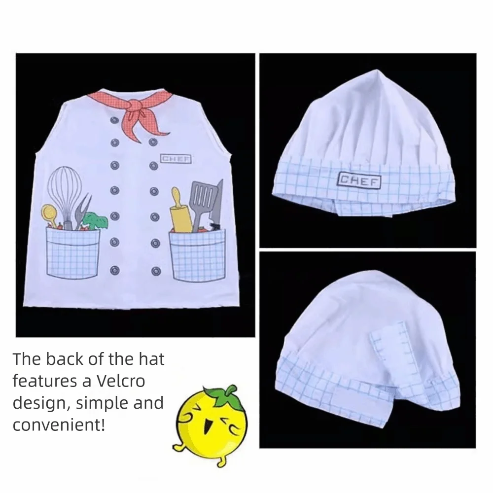 Cartoon Pattern Kids Toy Chef Uniform with Cap White Kids Cooking Toy Clothes Role Play Cosplay Kitchen Playing House Toy
