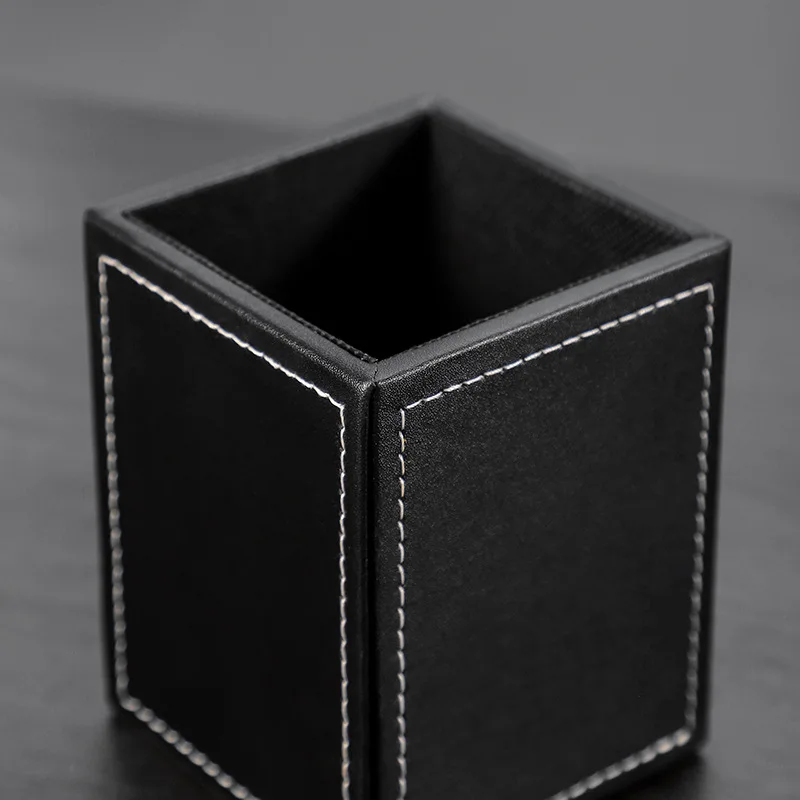 Leather Pencil Holder Creative Student Stationery Office Simple Square Pencil Case Desk Organizer Black Business