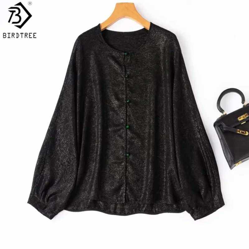 

Блузка Birdtree, 20 мм, 43,6% шелк, жаккардовый креп, женская, с золотой нитью, круглый вырез, рукав «летучая мышь», новинка 2026, T63621JF