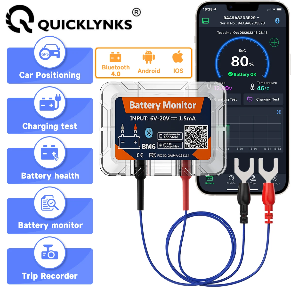 

QUICKLYNKS BM6 Беспроводной Bluetooth 4,0 12 В Мониторинг батареи с автомобильной батареей Проверка здоровья Приложение Мониторинг Батарея для Android IOS