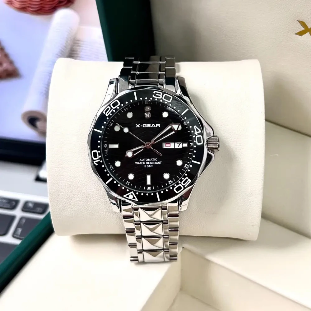 

X-GEAR Бизнес Автоматические часы из нержавеющей стали для мужчин Сапфировые модные наручные часы Дата Керамический безель