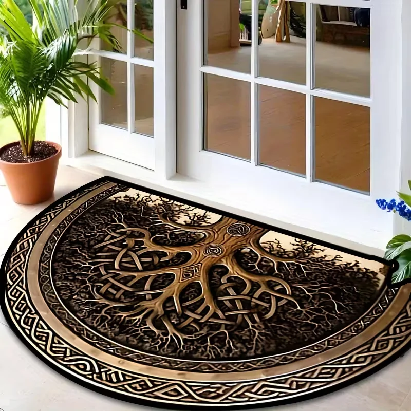 Tree of Life Half Round Carpet Vintage Ethnic Style Plant 2D Printed Carpet Living Room Bedroom Kitchen Entrance Carpet