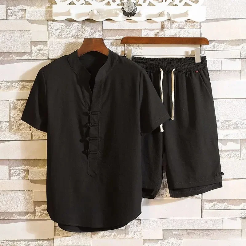 Herensommeroutfit in vintage Chinese stijl, 2-delig, linnenmix, ijskoud aanvoelend, mandarijnkraag, korte mouwen en casual shorts.