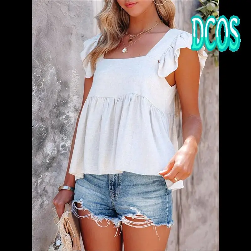 

DCOS-Women's Casual Square Neck Ruffle Cap Sleeve Peplum Babydoll Blouse Tank Top