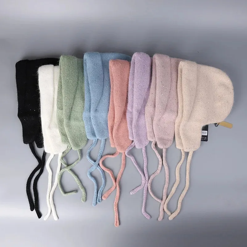 

Русская зимняя двухслойная утолщенная вязаная шапка-бомбер с блестками из ангорского кролика, женские теплые наушники, шерстяная шапка-бини