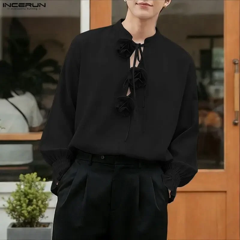 

INCERUN Men Shirt Solid Color Flower Lace Up V Neck Long Sleeve Men Clothing Streetwear 2026 Fashion Casual Tops Male Shirts