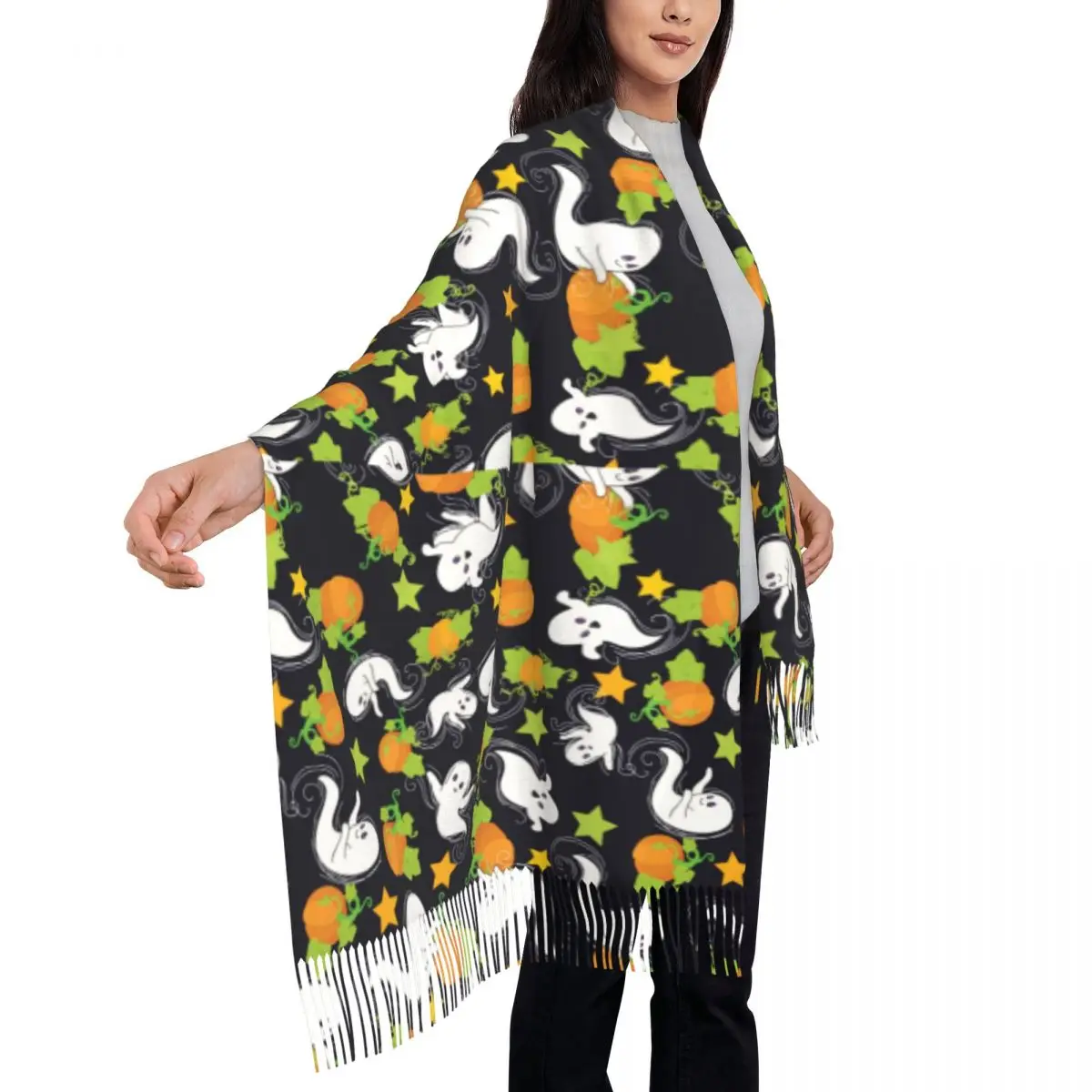 Warm Soft Scarf Winter Cute Ghost Print Shawls and Wraps Halloween Pumpkin Graphic Foulard Ladies Retro Scarves Wraps